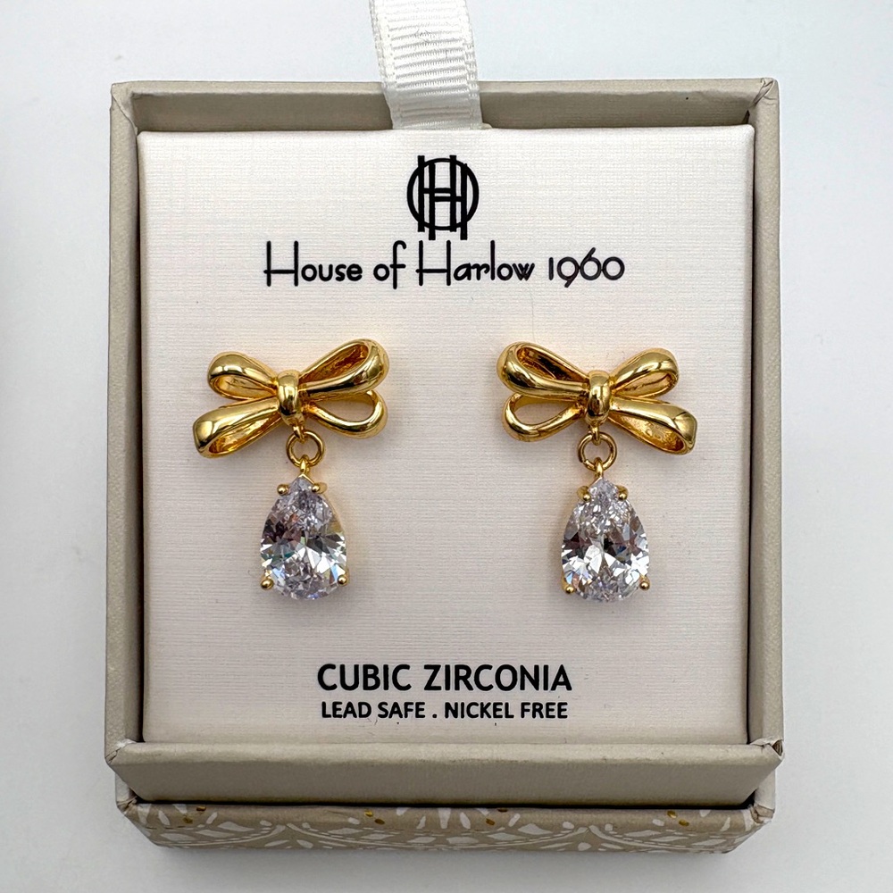 House of Harlow 1960 Gold Bow Post Earrings with Cubic Zirconia